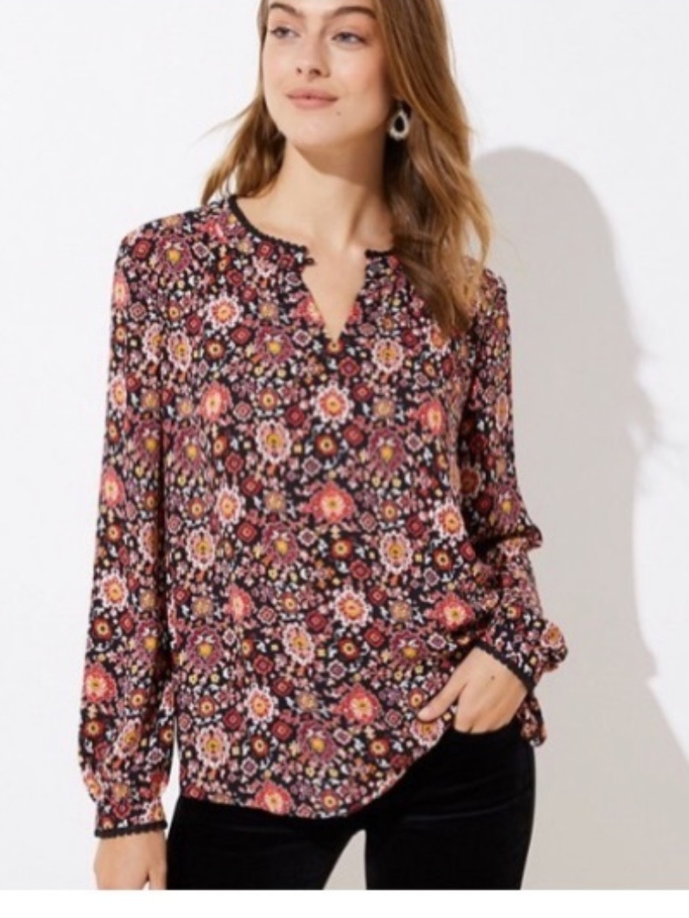 LOFT NWOT Black Multi Floral Split-Neck Blouse
